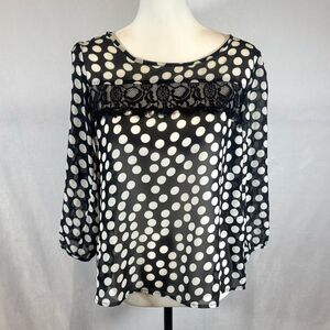 Monteau black and white polka dot top with lace detail size medium